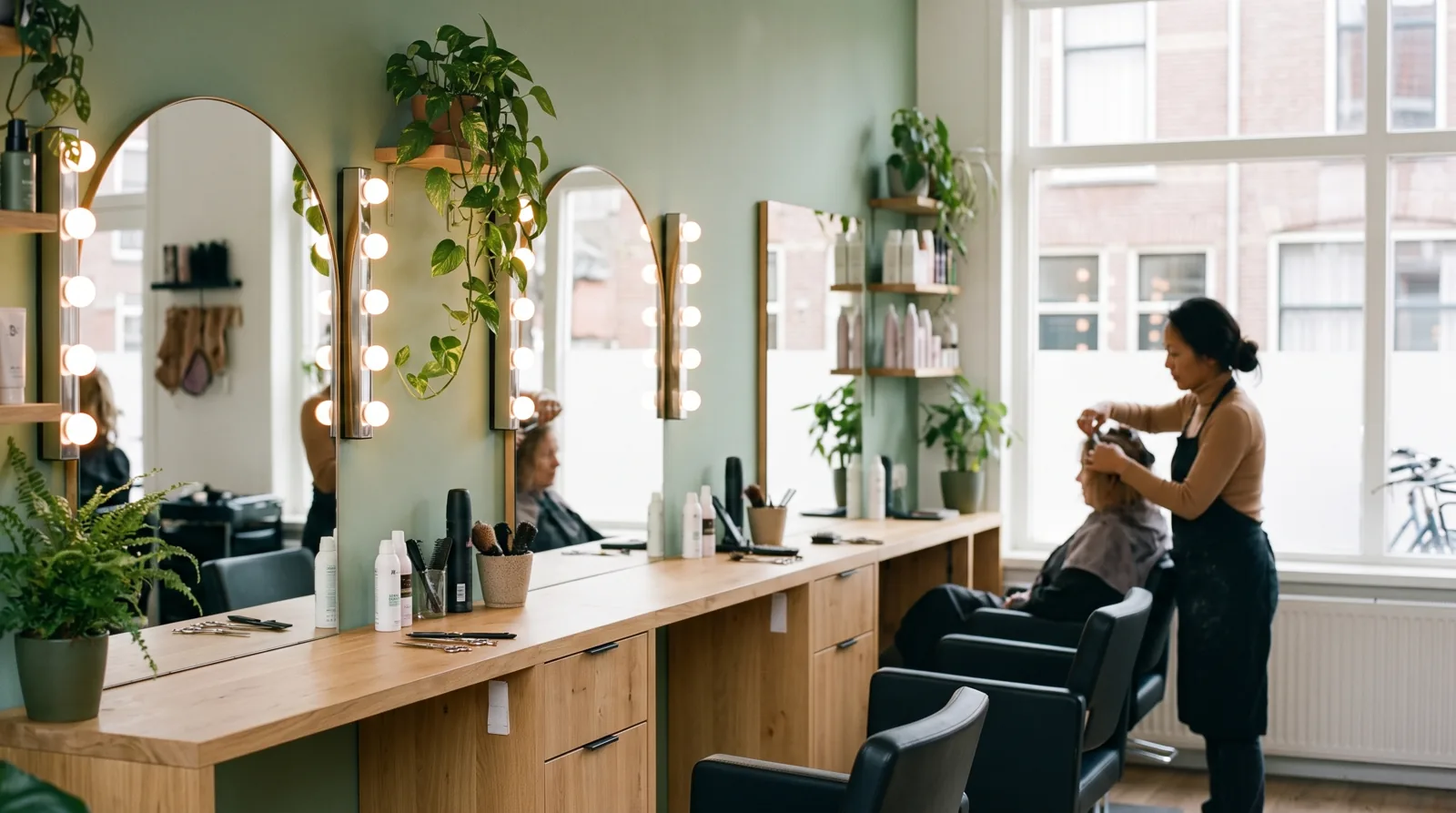 De salon van Salon Juno in Haarlem met salie groene wand en lichte eiken kapstoelen